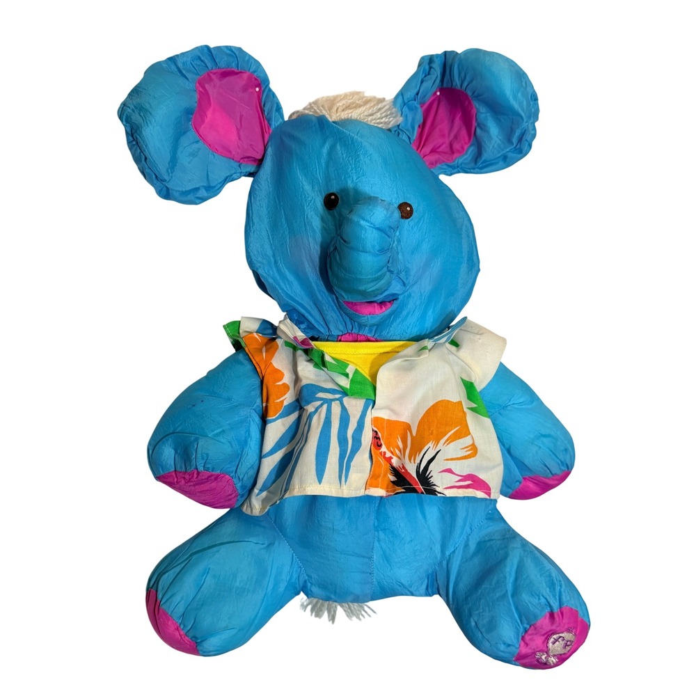 Vintage 1987 Fisher Price Puffy Elephant Plush Blue Neon Pink Hawaiian Toy 8052